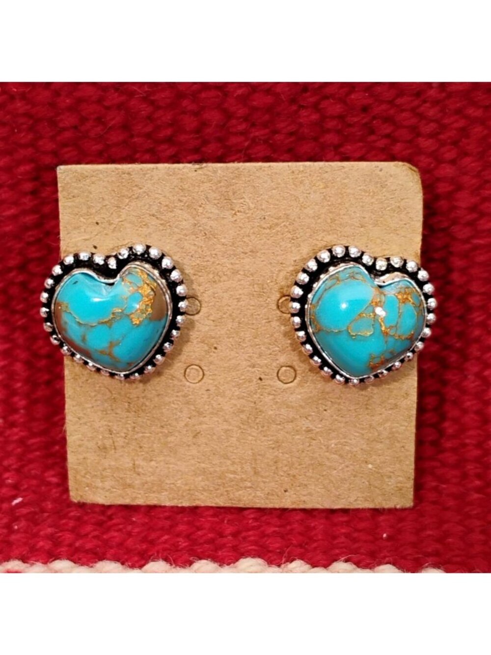 Stunning Blue Gold Matrix Royston Turquoise Heart Earrings Set in Silver 5/8"